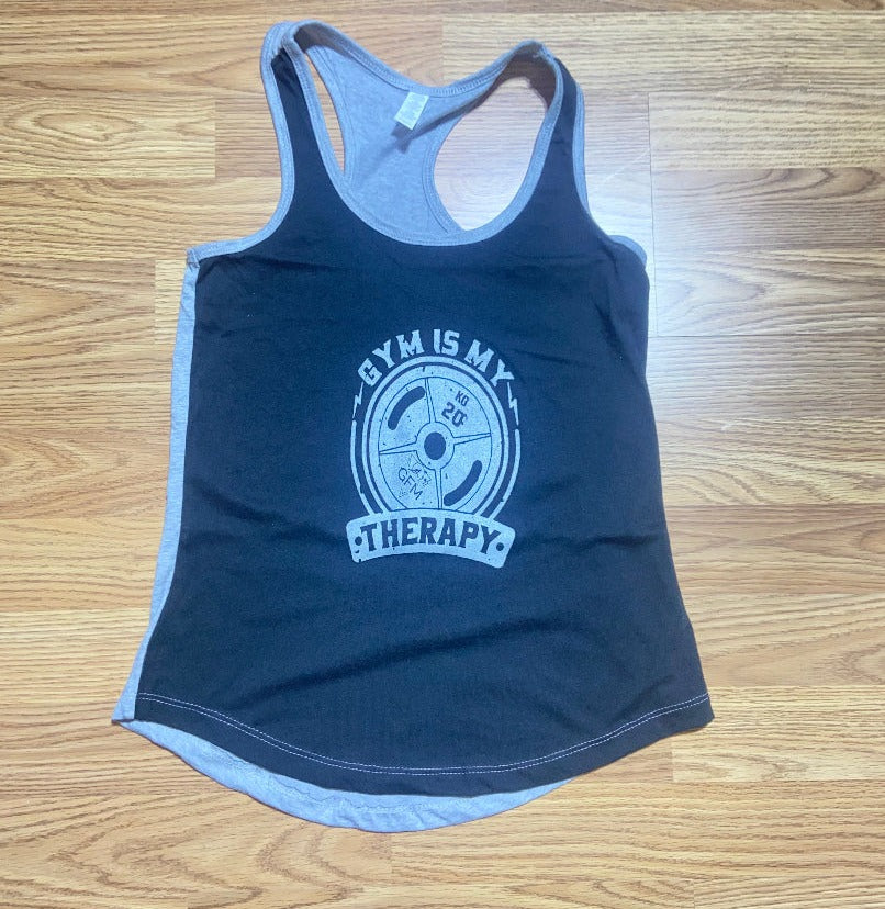 Black Front “GYM IS MY THEROPY” Razorback Tank – Built for the Ones Who Lift to Feel Alive